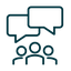 Line art icon of three people and two quote bubbles over them to imply communication