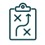 Line art icon of a clipboard with a strategy drawn out