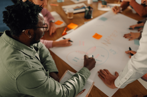 Professionals collaborate around a table, sketching ideas and adding notes to a large planning sheet.